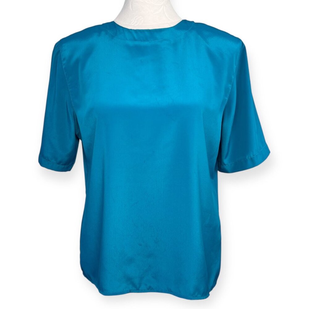 Vintage Spiegel Teal Satin Blouse Petite 6 Made In USA
